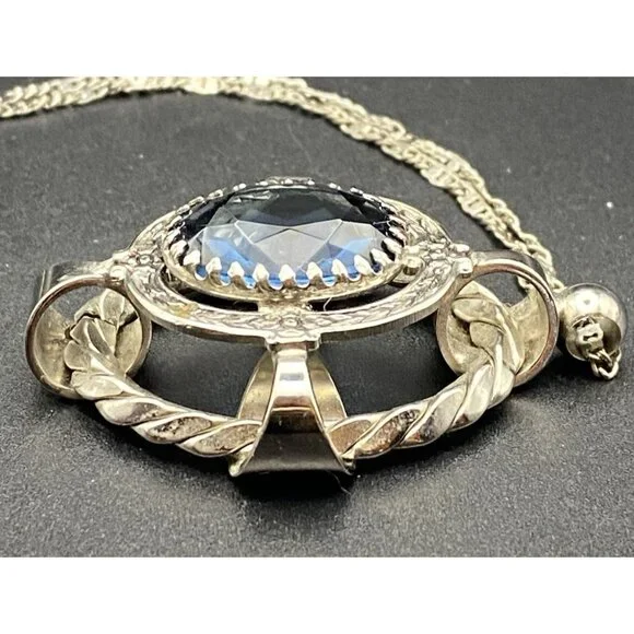Vintage Blue Glass Pendant Necklace Faceted Silver Tone Dog Tooth Ornate Setting - Picture 6 of 9